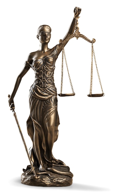 Foto concetto di diritto legale, statua della signora di bronzo della giustizia
