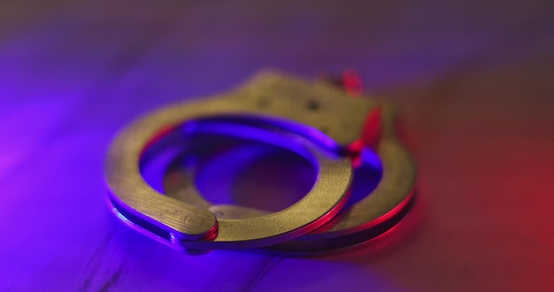 Legal law of handcuffs with the flashing red and blue police lights