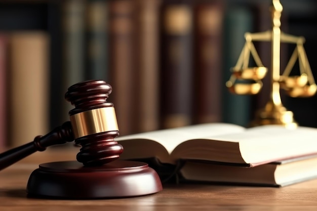 법적 법률 및 정의 개념 법정에서 테이블에 나무 판사 망치와 오픈 법률 책