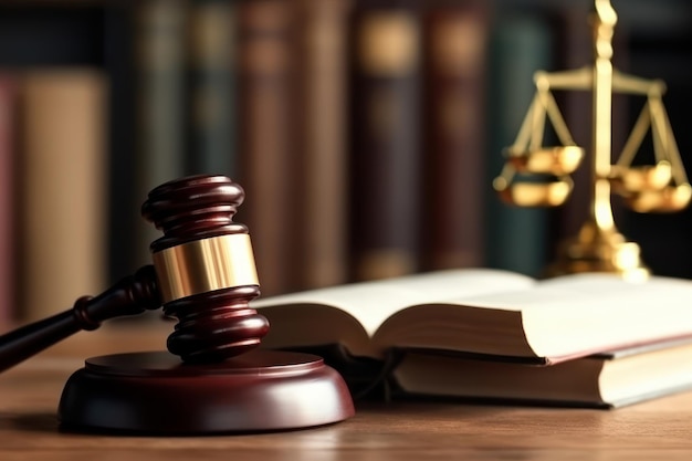 Legal Law and Justice concept Open law book with a wooden judges gavel on table in a courtroom