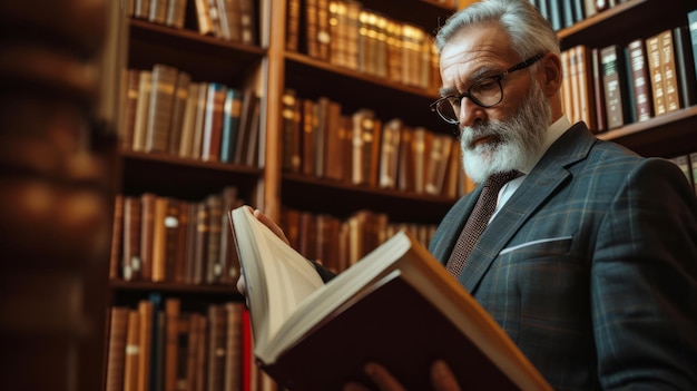 Legal researcher in a law library poring over volumes of legal texts and precedents