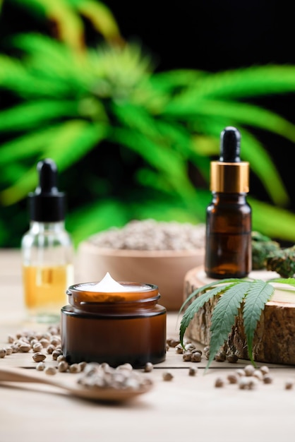Legalized cannabis for skincare product features with set of CBD oil bottles
