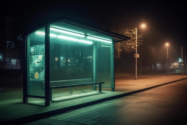 Foto lege advertentie bij bushokje met vage verkeerslichten bij nacht