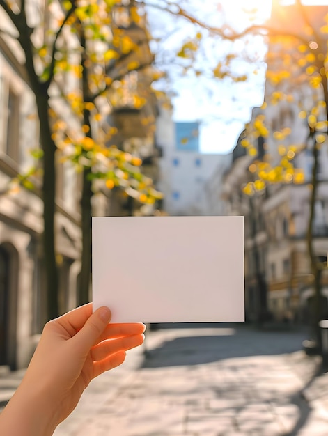 Foto lege ansichtkaart in de hand van een vrouw in het centrum van de herfststad mock up van een horizontale ansichtkaart