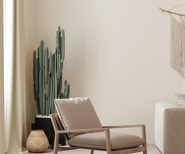 Lege beige muur mock up in landelijke boho-stijl interieur achtergrond met fauteuil cactus en macrame 3d render