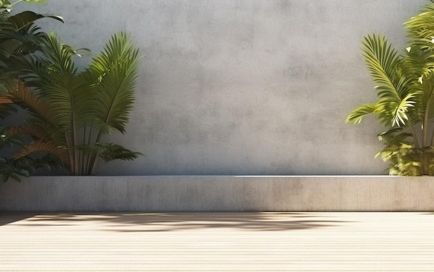 Lege betonnen buitenmuur met tropische stijl tuin 3d render versieren met tropische stijl boom