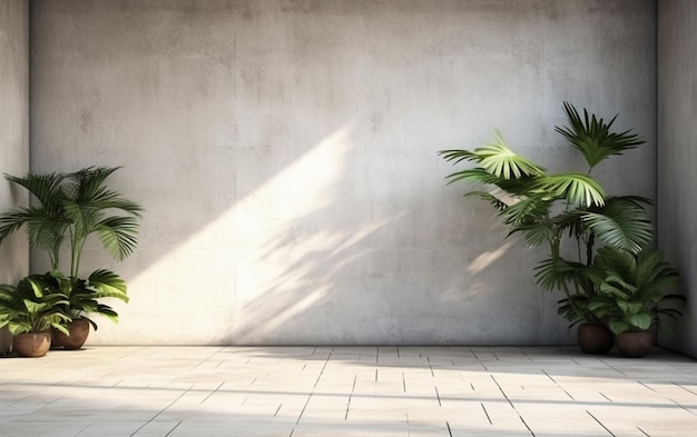 Lege betonnen buitenmuur met tropische stijl tuin 3d render versieren met tropische stijl boom