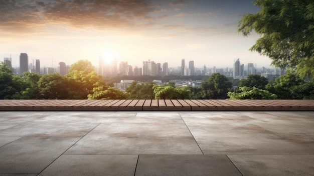 Lege betonnen vloer met wazige achtergrond van de skyline van de natuur, mooie generatieve AI AIG32