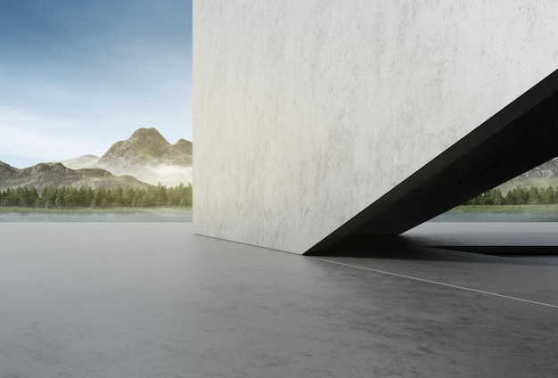 Lege betonnen vloer voor parkeerplaats 3D-weergave van abstract gebouw met berg- en luchtachtergrond