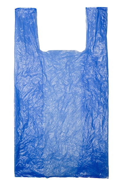 Lege blauwe plastic zak geïsoleerd op een witte achtergrond