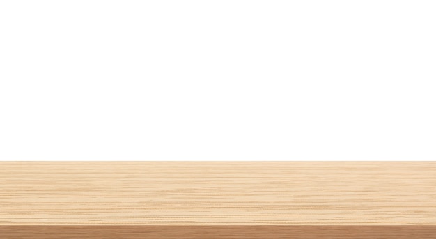 Lege bovenste houten tafel geïsoleerd op witte achtergrond