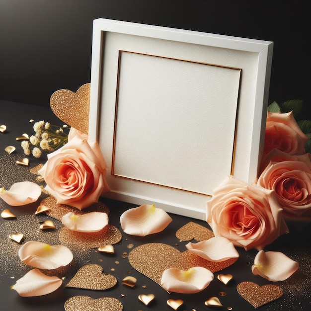 lege bruiloft fotolijst mockup met perzik rozenblaadjes decoratie ai gegenereerd