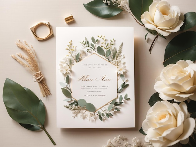 Foto lege bruiloft uitnodiging kaart mockup met trendy bloemmotief