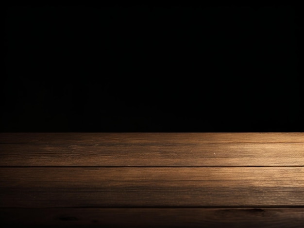 Lege bruine houten tafel met wazige muur op de achtergrond van de donkere kamer Klaar voor productpresentatie, kopieerruimte voor uw tekst