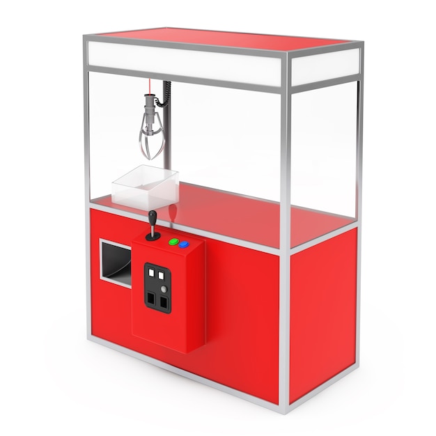 Lege carnaval rood speelgoed klauw kraan arcade machine op een witte achtergrond. 3D-rendering.