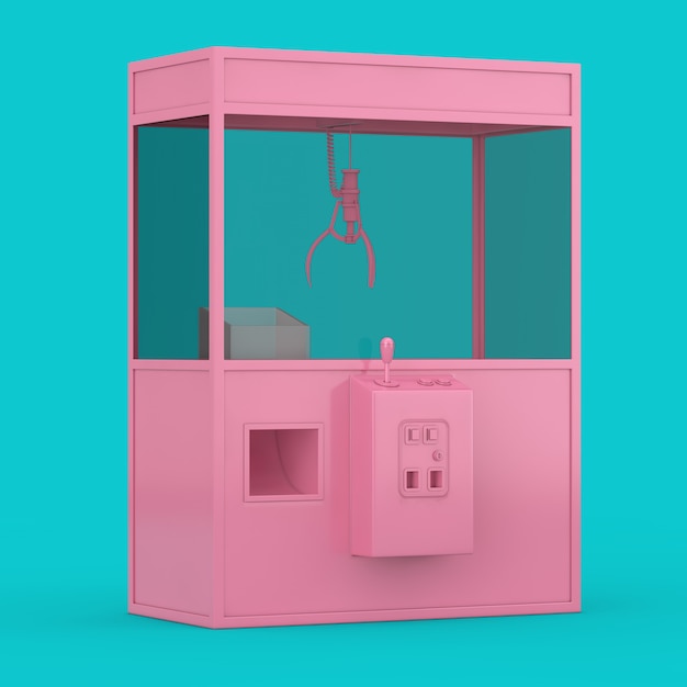 Lege carnaval roze speelgoed klauw kraan arcade machine in duotone stijl op een blauwe achtergrond. 3d-rendering