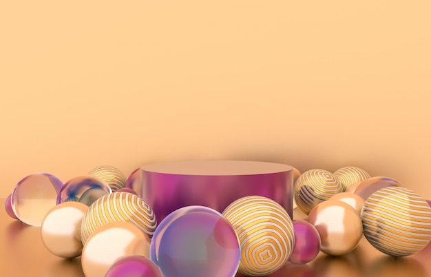 Lege cilinderdoos met de achtergrond van Kerstmisballen. Weergave van luxe cosmetische producten. 3D render.