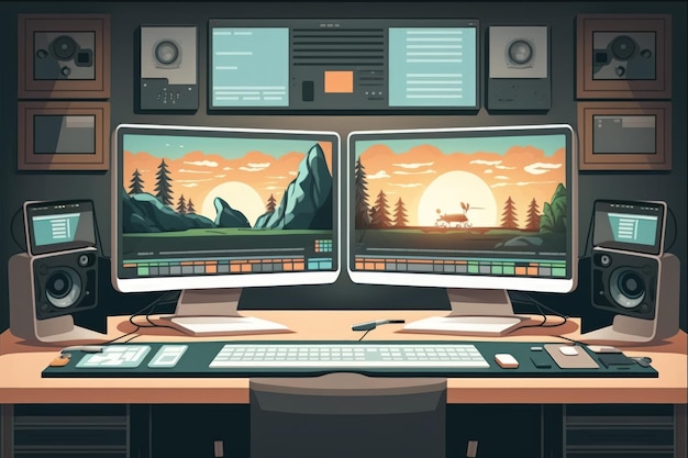 Lege creatieve multimediastudio met twee monitoren en een professionele computer op een bureau Zonder personeel zet een nieuw videobewerkingsbedrijf postproductiesoftware op computerschermen