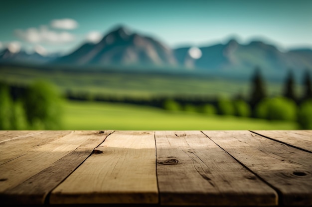 Lege display houten tafel op groen veld en bos bergen achtergrond kopie ruimte Generatieve AI