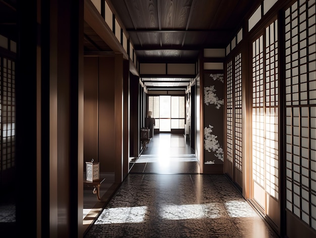 Lege donkerbruine gang van traditioneel Japans huisminimalisme in interieur AI Generative