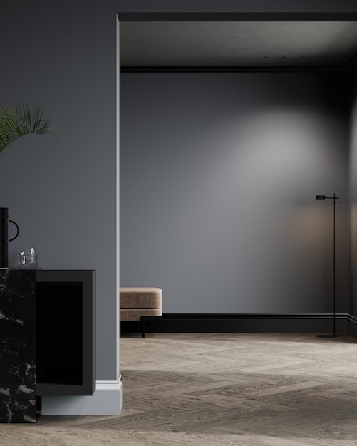 Lege donkere muur mockup in stijlvolle woonkamer 3D-rendering