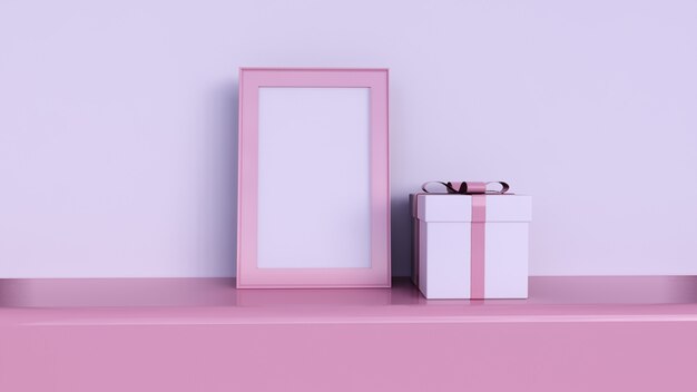 lege fotolijst en geometrische vormen op roze achtergrond, roze geschenkdoos