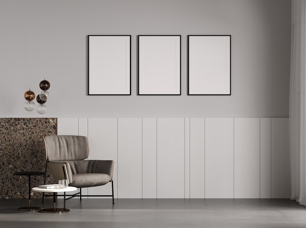 Lege frames bespotten in moderne woonkamer interieur met stijlvolle fauteuil grijze lege muur scandinavische stijl 3D-rendering