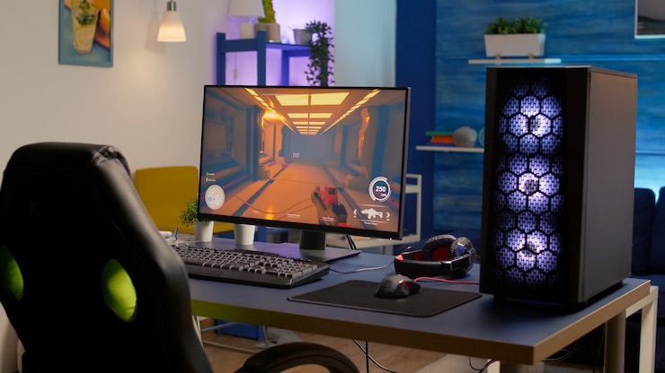 Foto lege gaming rom met rgb professioneel toetsenbord, muis en headset. pro-gamer die 's avonds laat in de thuisstudio krachtige computer gebruikt voor first person shooter-toernooi