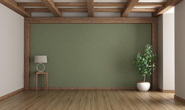 Lege groene kamer met tafellamp kamerplant en houten plafond 3D-rendering