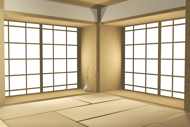 Lege grote kamer Japanse tropische stijl. 3D-weergave