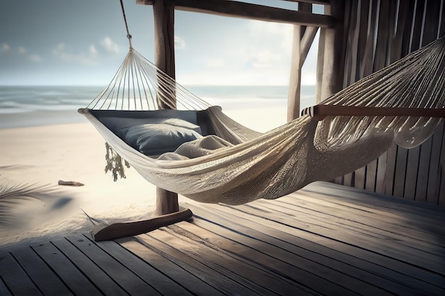 Lege hangmat op strand Paradise Island ontspannen vakantie ontspanning Concept tekening imitatie abstracte generatieve AI illustratie