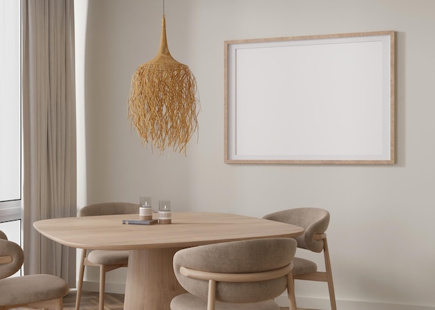 Lege horizontale afbeeldingsframe op beige muur in moderne woonkamer mock up interieur in boho-stijl gratis kopie ruimte voor uw foto poster houten tafel met stoelen kaarsen 3d-rendering