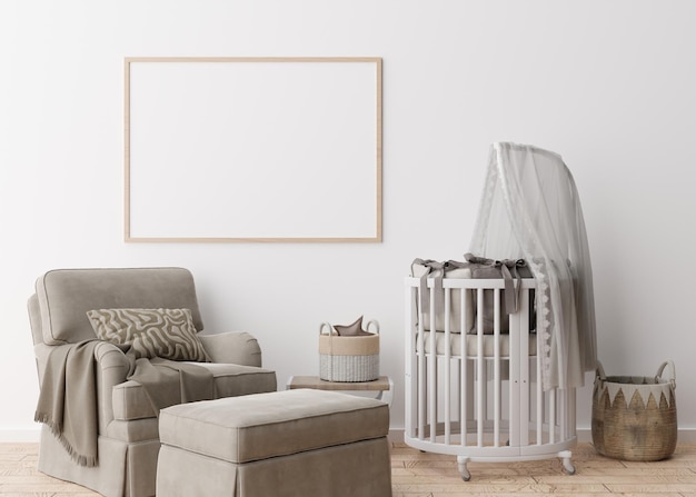 Lege horizontale afbeeldingsframe op witte muur in moderne kinderkamer Mock-up interieur in Scandinavische stijl Gratis kopieerruimte voor uw foto Babybed fauteuil Gezellige kamer voor kinderen 3D-rendering