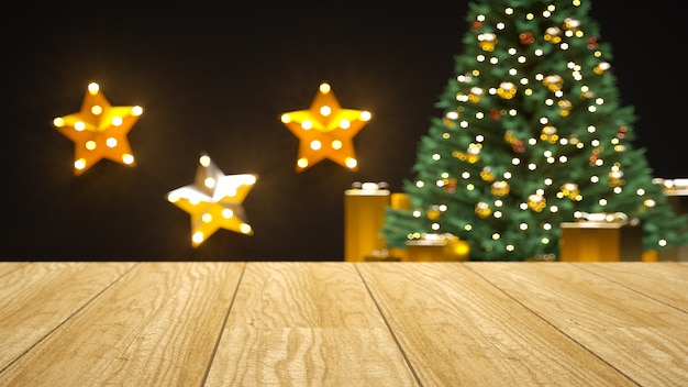 Lege houten dek tafel over verbazingwekkende kerst luxe boom met gouden geschenkdozen en sterren