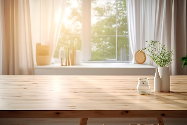 Lege houten keukentafel met wazig venster natuur achtergrond met zonlicht