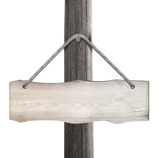 Lege houten plank hangend aan een touw en paal