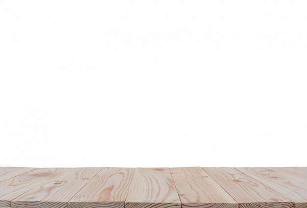 Lege houten plank tafelblad geïsoleerd op een witte achtergrond