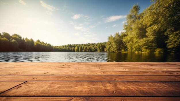 lege houten plank uitzicht op het meer natuur achtergrond van een houten dok blauwe lucht en water