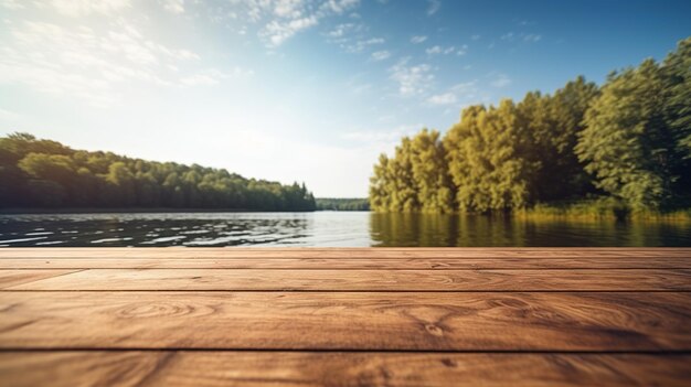 lege houten plank uitzicht op het meer natuur achtergrond van een houten dok blauwe lucht en water