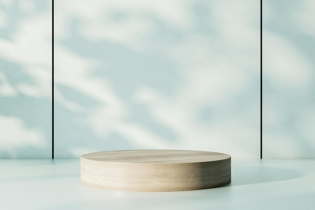 Lege houten ronde stand op marmeren oppervlak op zonnige muur achtergrond 3D-rendering mock up