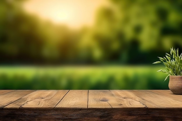 Lege houten tafel en onscherpe achtergrond van zomer boerderij groen product weergavesjabloon