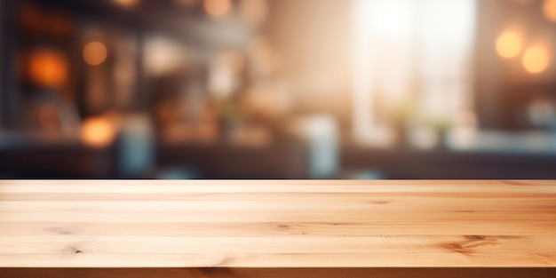 Lege houten tafel en onscherpe keukenachtergrond Generatieve AI