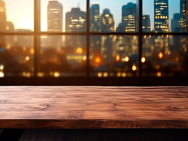Lege houten tafel en wazig zicht op de stad 's nachts Voor productpresentatie mockup Generatieve AI