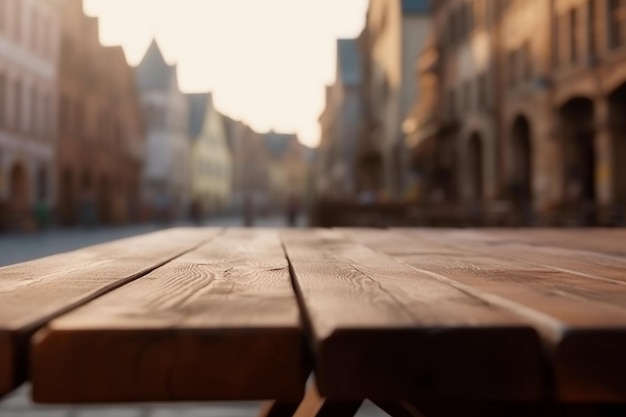 Lege houten tafel in een historische middeleeuwse stad