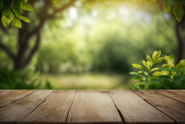 Lege houten tafel Lente Bloesems met groene natuur achtergrond gegenereerd door AI