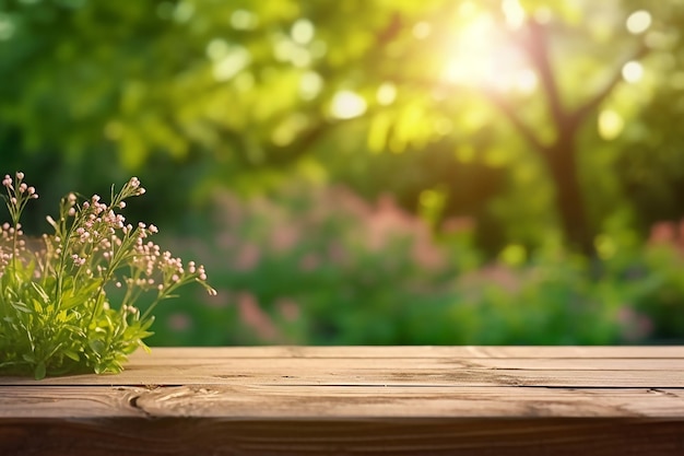 Lege houten tafel lente bloesems met groene natuur achtergrond