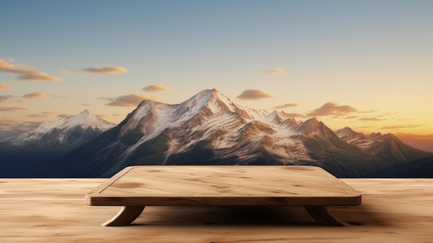 lege houten tafel met bergen achtergrond