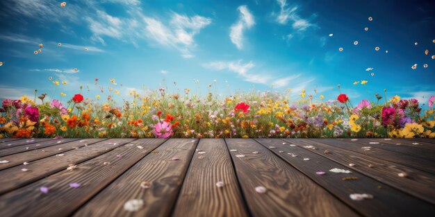 Lege houten tafel met bloemen veld achtergrond vrije ruimte voor productweergave Generatieve Ai