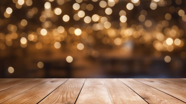 Foto lege houten tafel met blur bokeh verlichting achtergrond voor feestelijk ontwerp generatieve ai