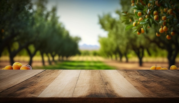 Lege houten tafel met een achtergrond van vage fruitbomen